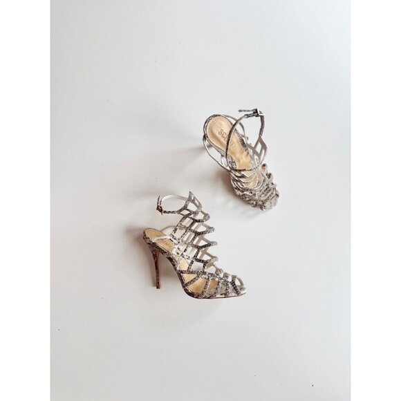 SCHUTZ Julianna Grey Python Snake Leather Strappy High Heel Cage Sandals, Size 5 - Picture 2 of 16
